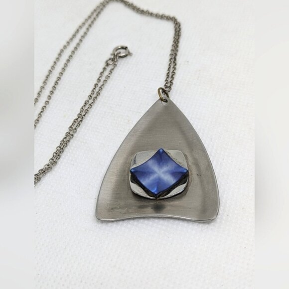 Vintage Modernist Stainless Steel Necklace Signed Peak Blue Center Unisex Men "P - Picture 6 of 9